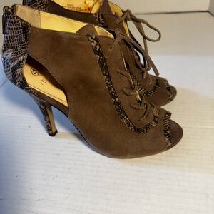 Isola Brown Suede and Snakeskin Lace-Up Heels